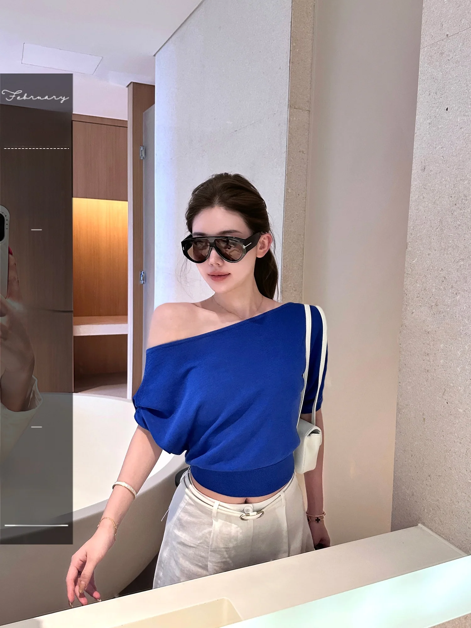 

Summer New Style Linyings Silk Lyocell Knitted Top Waist Cinching Shoulder Oblique Casual Loose Fit Short Sleeve Women's Tunic