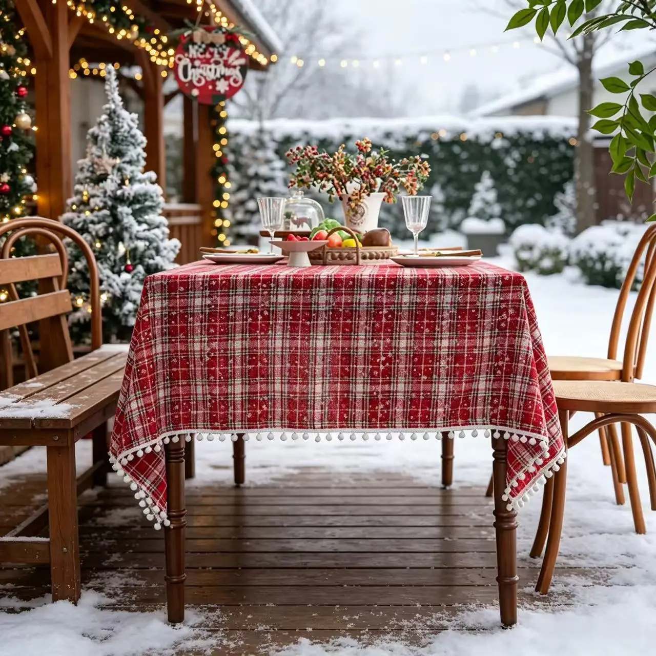 Red and White Gingham Tasseled Christmas Tablecloth – Vintage Style with Snowflake Patterns; Machine-Washable & Reusable – Suita