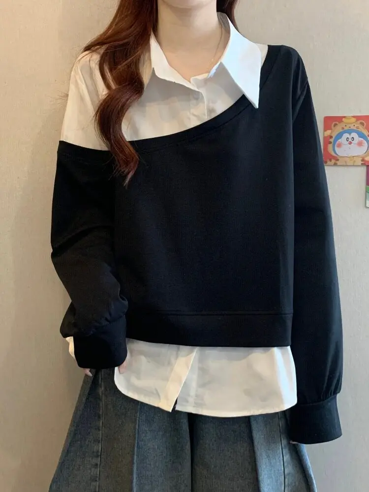 

Весенняя новинка: женская блузка больших размеров, уникальная, красивая, стройнящая, с модной линией плеч, топ для полных женщин, имитация двойки, большие размеры.