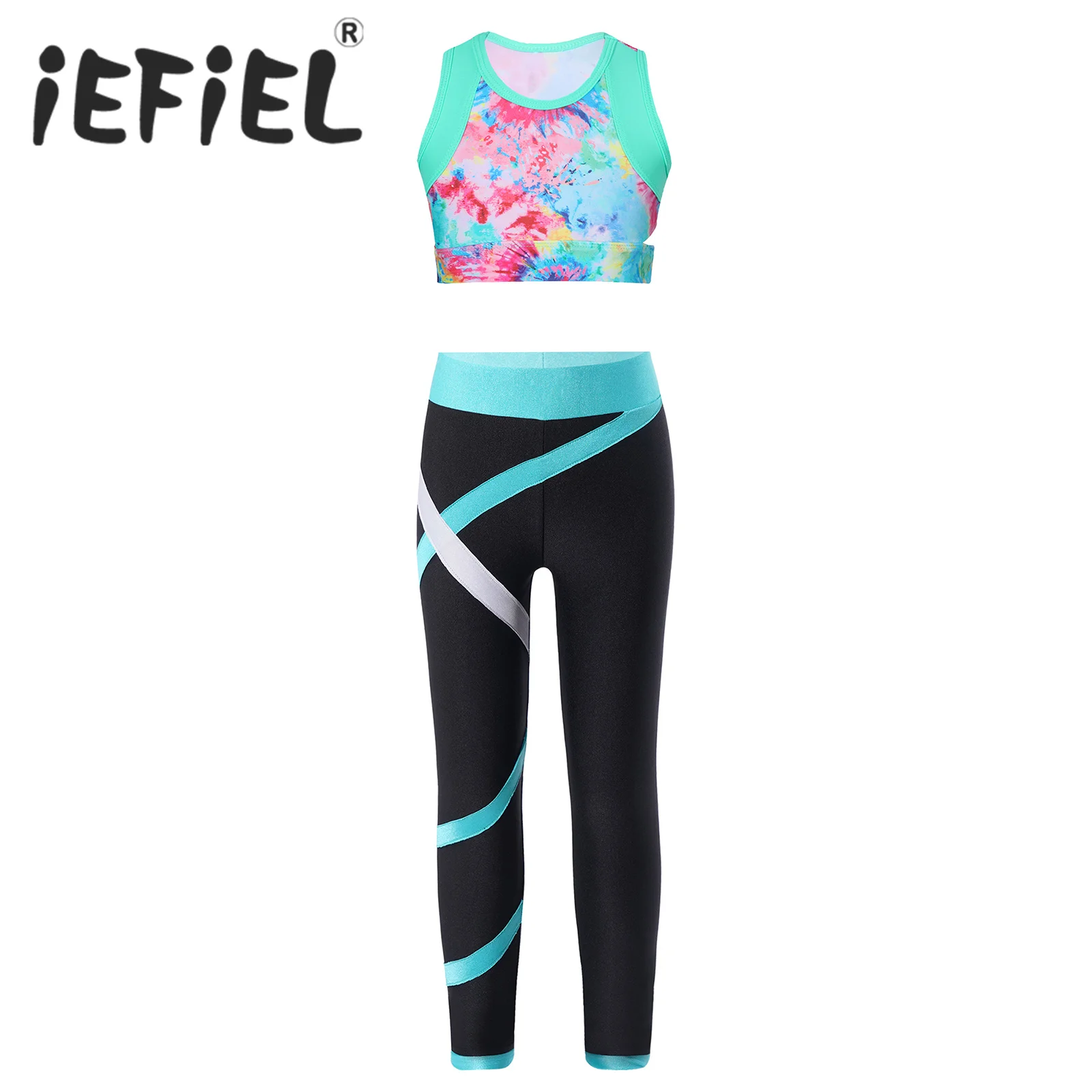 

Kids Girls Ballet Dance Sets Sports Gymnastics Workout Outfits Sleeveless Printed Crop Top with Leggings for Dance Performance