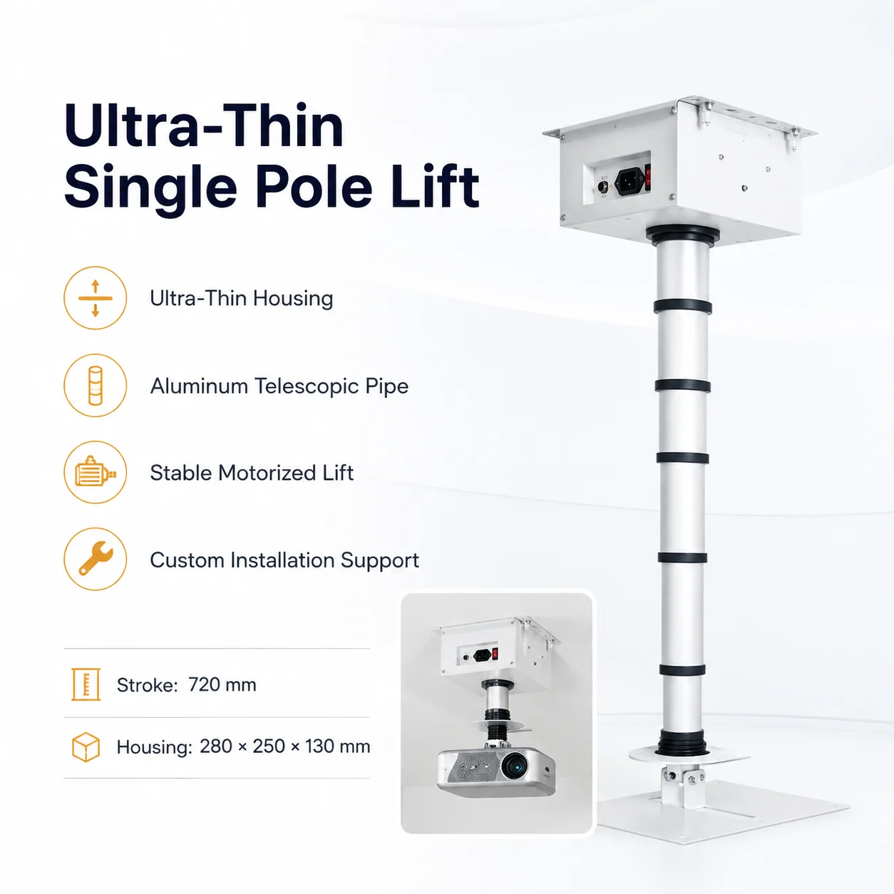 Customized Remote Control Video Conference 350 Degree Motorized Ceiling Projector Mount Electric Lift Aluminum Alloy Quiet