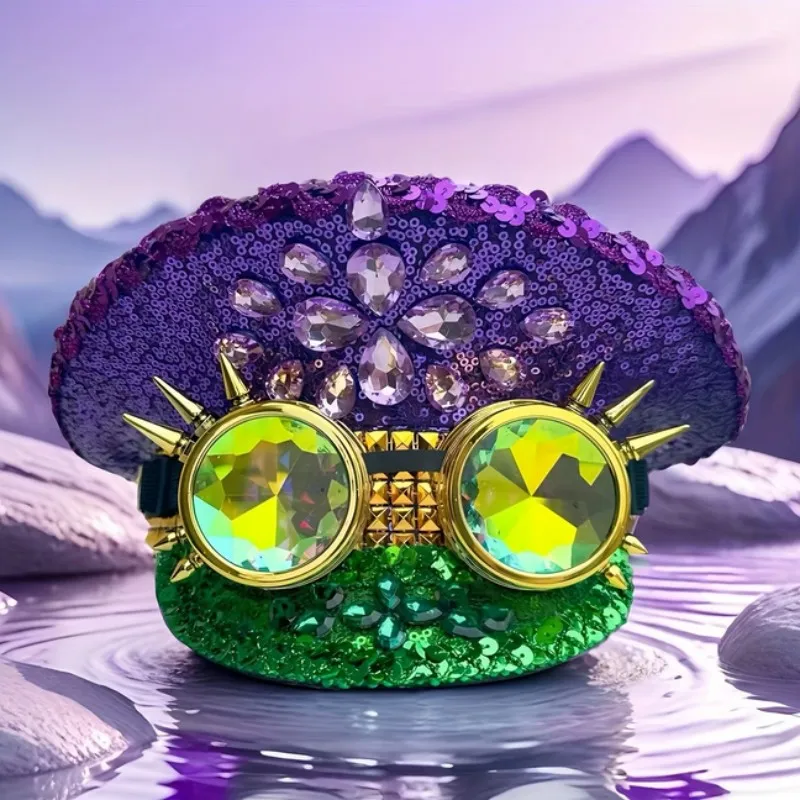 HongLuan Golden Goggles Mardi Gras Captain Hats Rhinestone for Festival Woman, Carnival Costume Hat & Cosplay Female Accessories