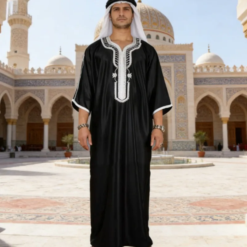 

Черный мужской тоб с вышивкой, длинный рукав, исламская молитвенная одежда, элегантная вышивка