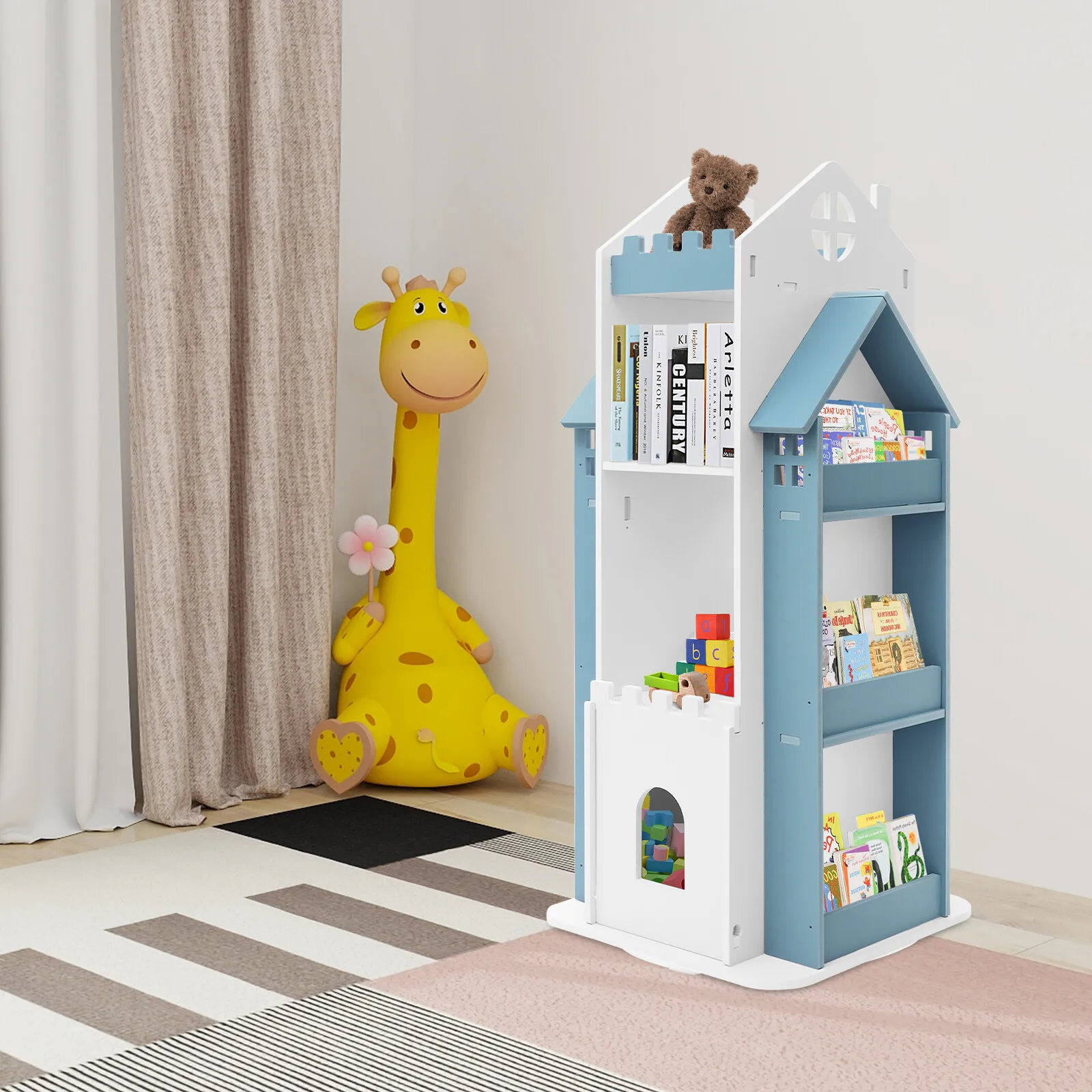 Rotating Children's Bookshelf, Book Display Shelf, Floor Standing Bookshelf Blue