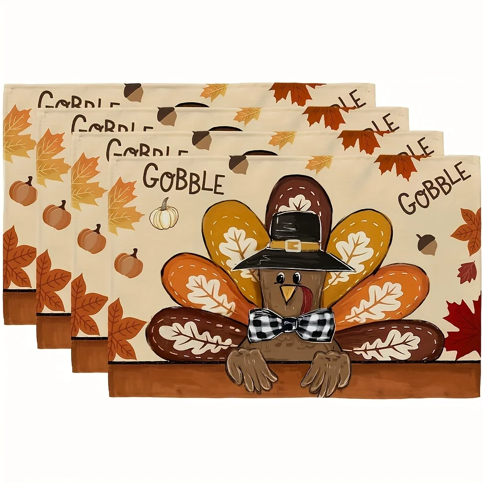 1pcs 【Autumn Farm】Autumn Turkey Print Linen Placemat, Durable, Non-Slip & Washable, Farmhouse Style Home Dining Table Mat