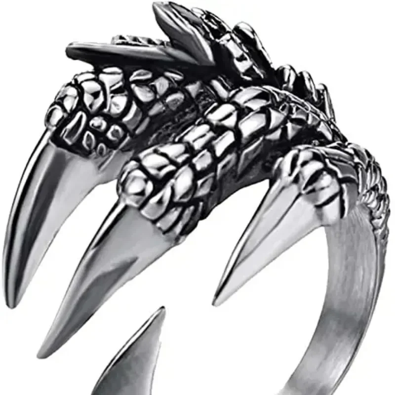 Gothic Stainless Steel Vintage Silver Dragon Claw Opening Ring Tibetan Silver Eagle Animal Rings for Men Women Punk Jewelry