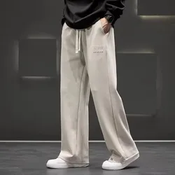 Autumn New Men Knitted Sports Pant Steel Stamp Printing Wide Leg Casual Trousers Straight Solid Lightweight Cotton Fabric Unisex