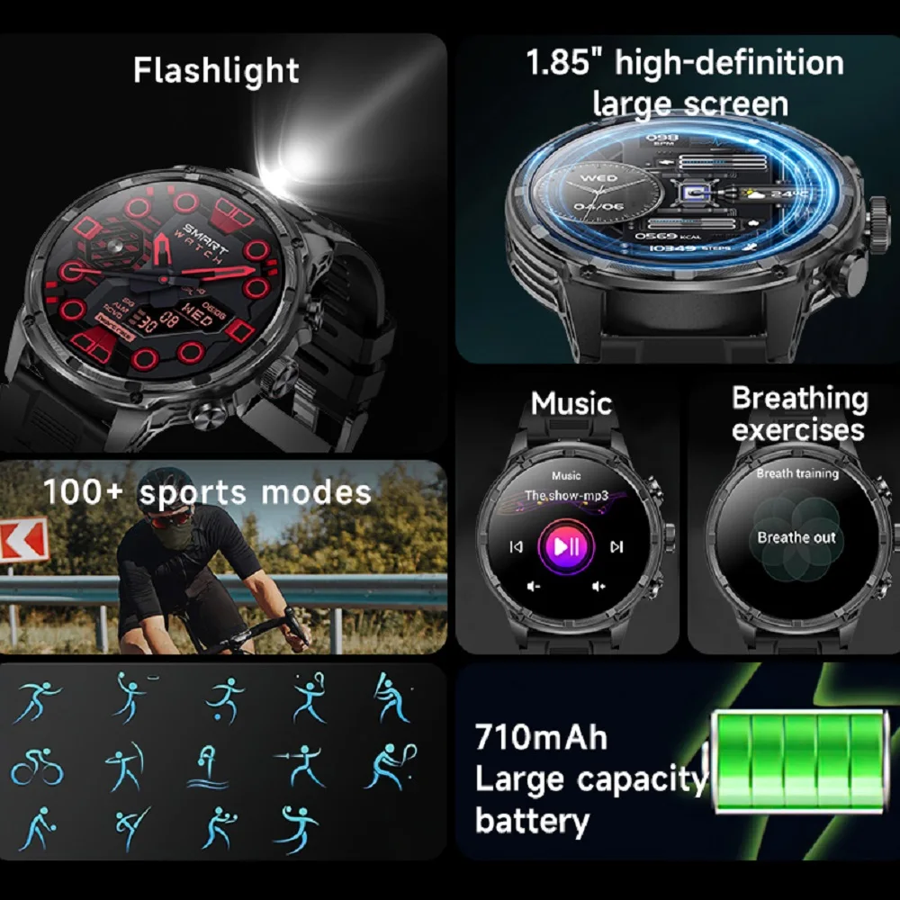 Waterproof Outdoors Smartwatch Flashlight Blue Tooth Call 710mAh Heart Rate Health Monitor Smart Watches Men Women Music Sports