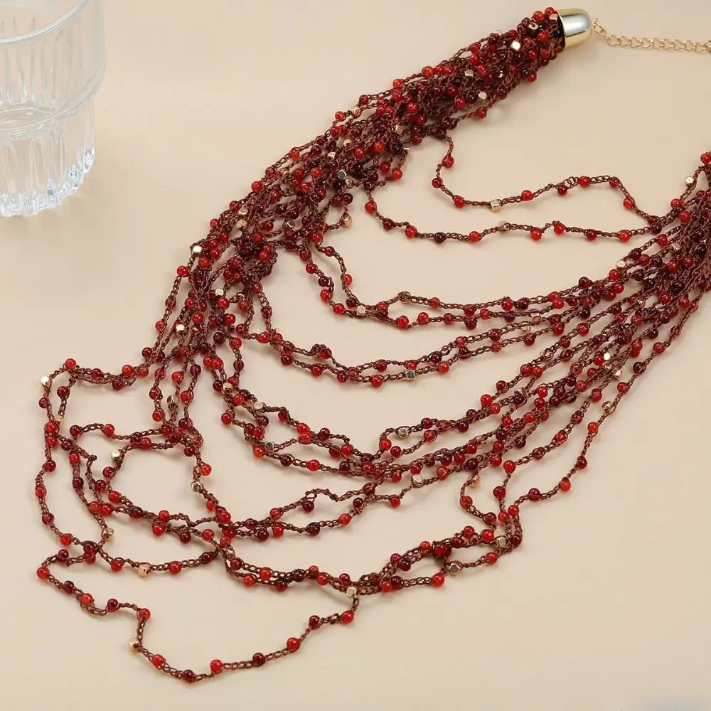 

Luxury Exaggerated Red Beaded Necklace Tassel Twine Multilayer Necklace Thin String Exquisite Bohemian Necklace Female