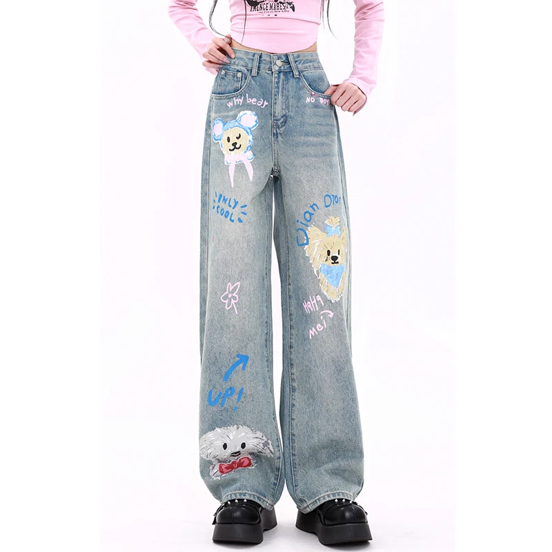 Spring and Autumn New Blue Jeans Women American Graffiti Loose Casual Wide-leg Pants Female Cute Versatile Denim Pants