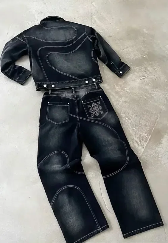 Jeans retrô bordados de cintura alta, soltos, finos, design de personalidade, estilo de rua alta, hip-hop, bordados, retos, pernas largas