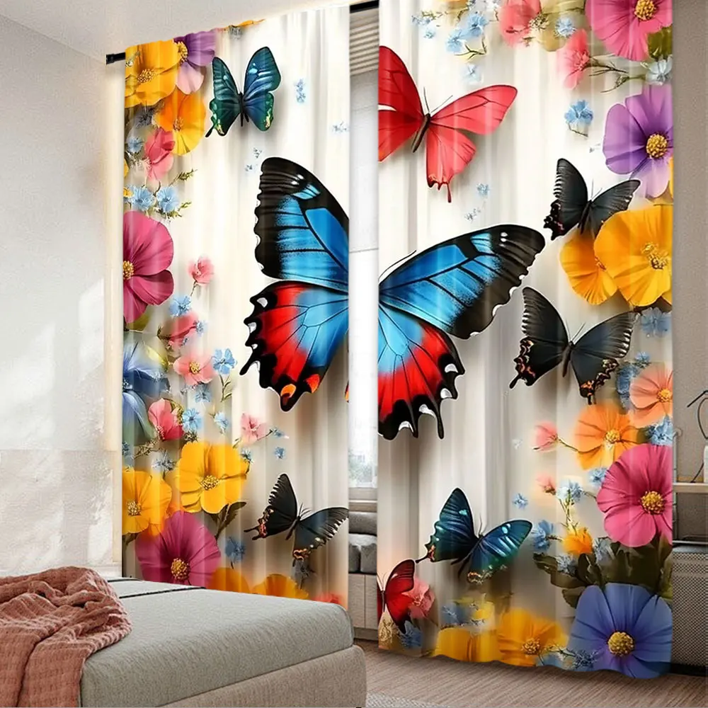 2Pcs Vibrant Colorful Butterfly Blooming Flowers Curtain Suitable For Living Room Bedroom And Many Other Occasions