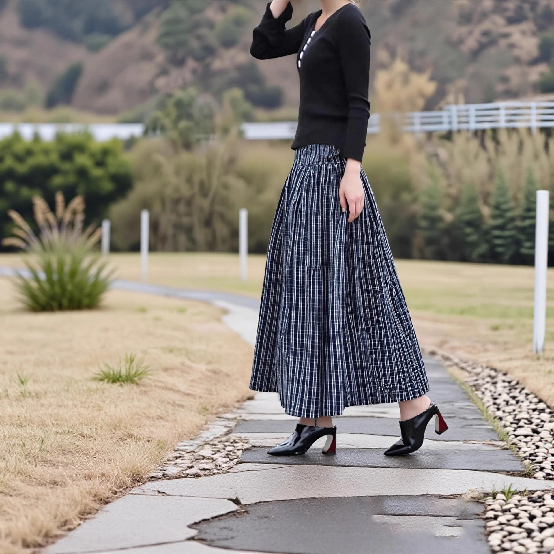 

Autumn Winter Fashion Belt Cinched Dress Women's High-waist Plaid Midi Skirt Collegiate Style Ankle-length A-line Petticoat