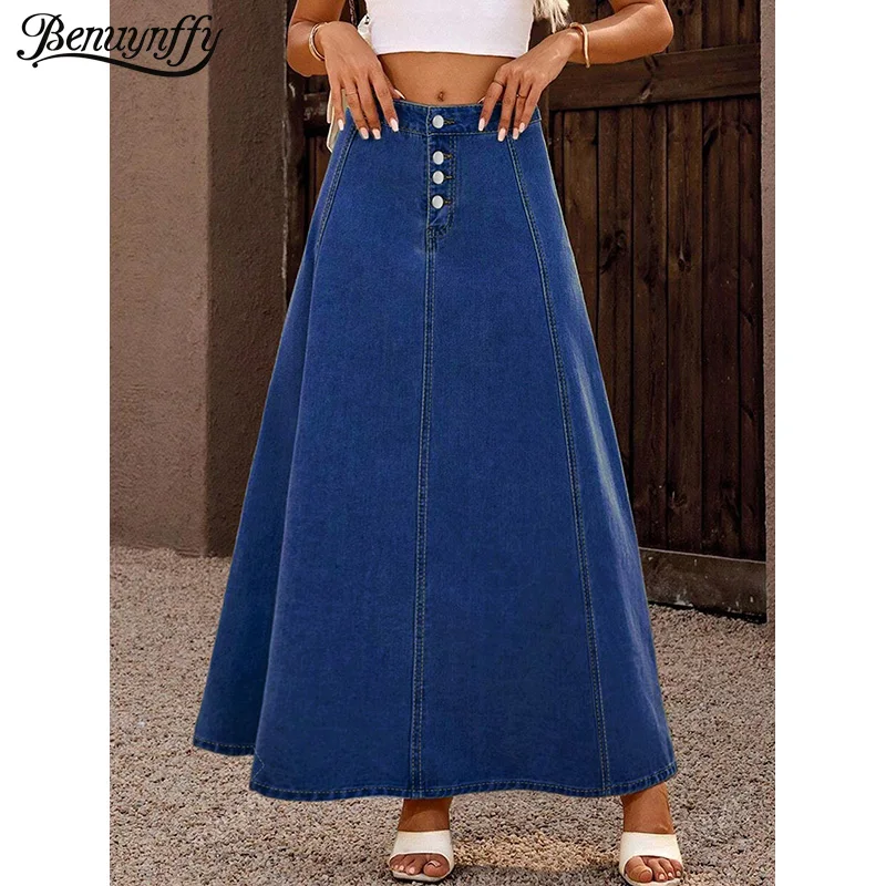 Benuynffy Vintage Button Fly Mid Waist Washed Denim Skirt Women's Street Casual Big Swing A-Line Skirt Ladies Jeans Long Skirts