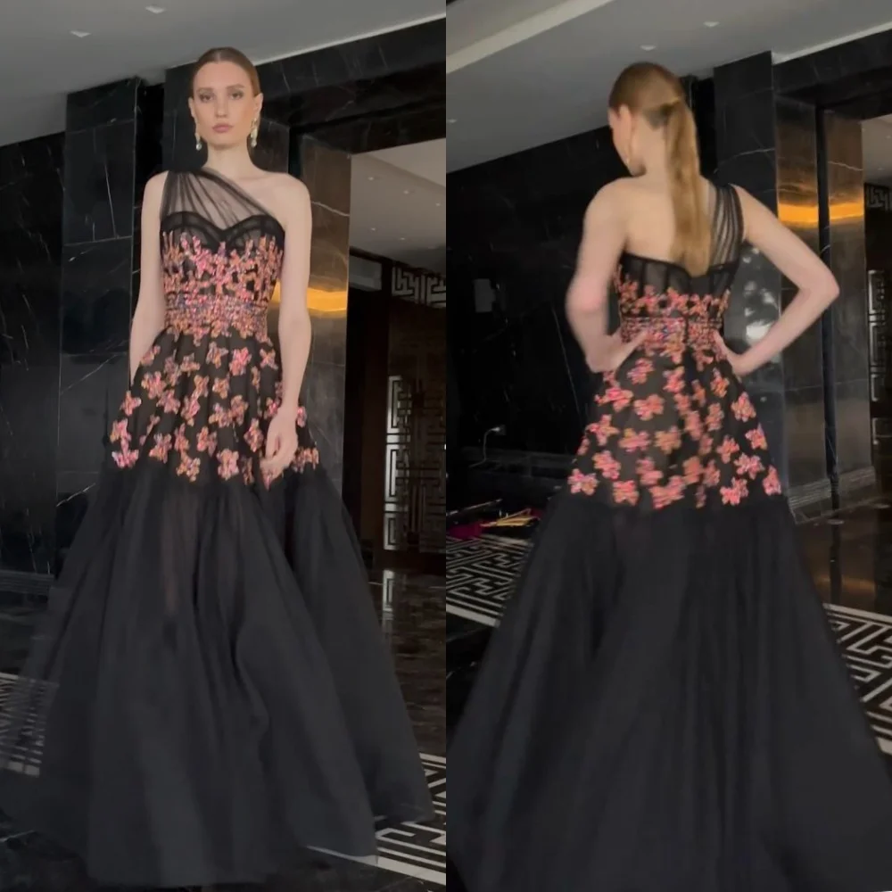 Customized  Tulle Flower Sequined Beading Ruched Clubbing A-line One-shoulder Bespoke Occasion Gown Long Dresses