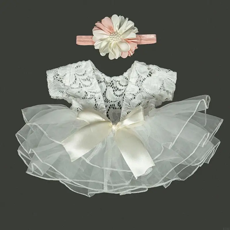 K3NF Baby Photography Props Outfit Lace Bowknot Skirt with Flower Headband