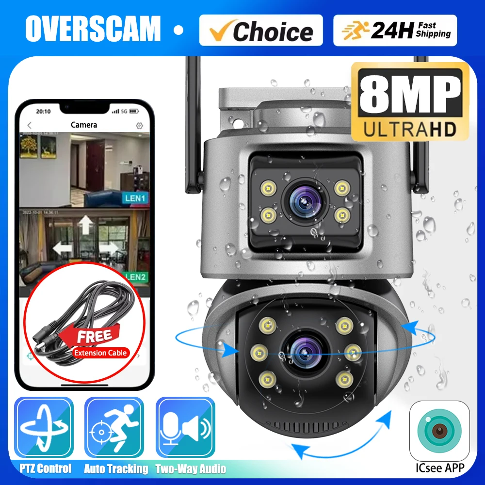 4K 8mp Externe Wifi Ptz Camera Dual Lens Outdoor Ip Camera 4mp Ai Auto Tracking Beveiliging Cctv Surveillance P 2P Icsee