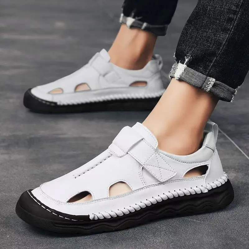 

Men's Summer New Leather Big Size Casual Sandals Soft Sole Non Slip Round Toe Hollow Out Breathable High Quality Cave Shoes