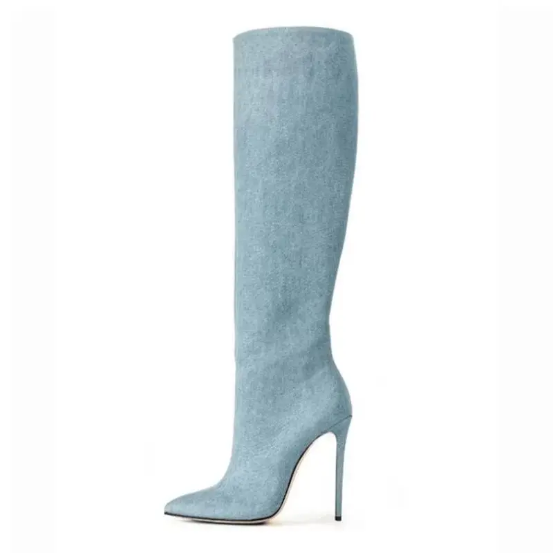 

Light Blue Denim Stiletto High Heels Boots Pointed Toe Zipper Women Winter Long Boots Fashion Jean Stretch Modern Knee High Boot