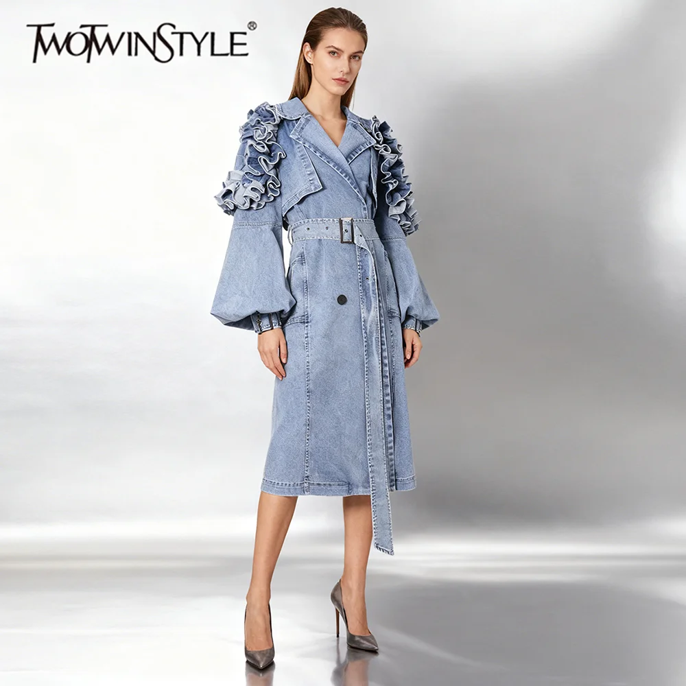 

TWOTWINSTYLE Solid Slimming Spliced Fungus Folds Fashion Trenchs for Women Lapel Long Sleeve Patchwork Belt Cowboy Trench Female