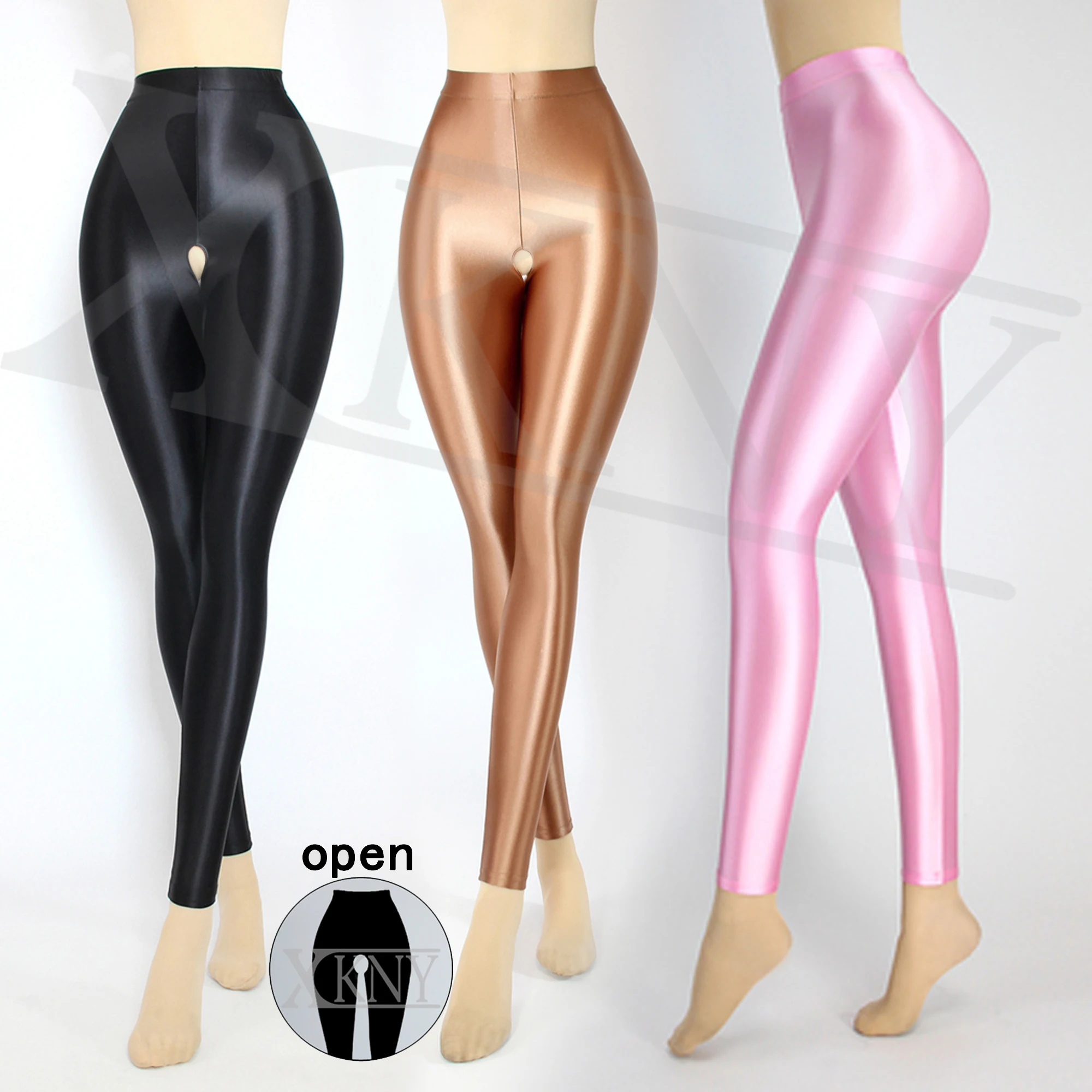 

XCKNY Open crotch pants Satin oil glossy pants sexy tights high waist shiny pants Ninth pants shiny yoga sport glossy pants