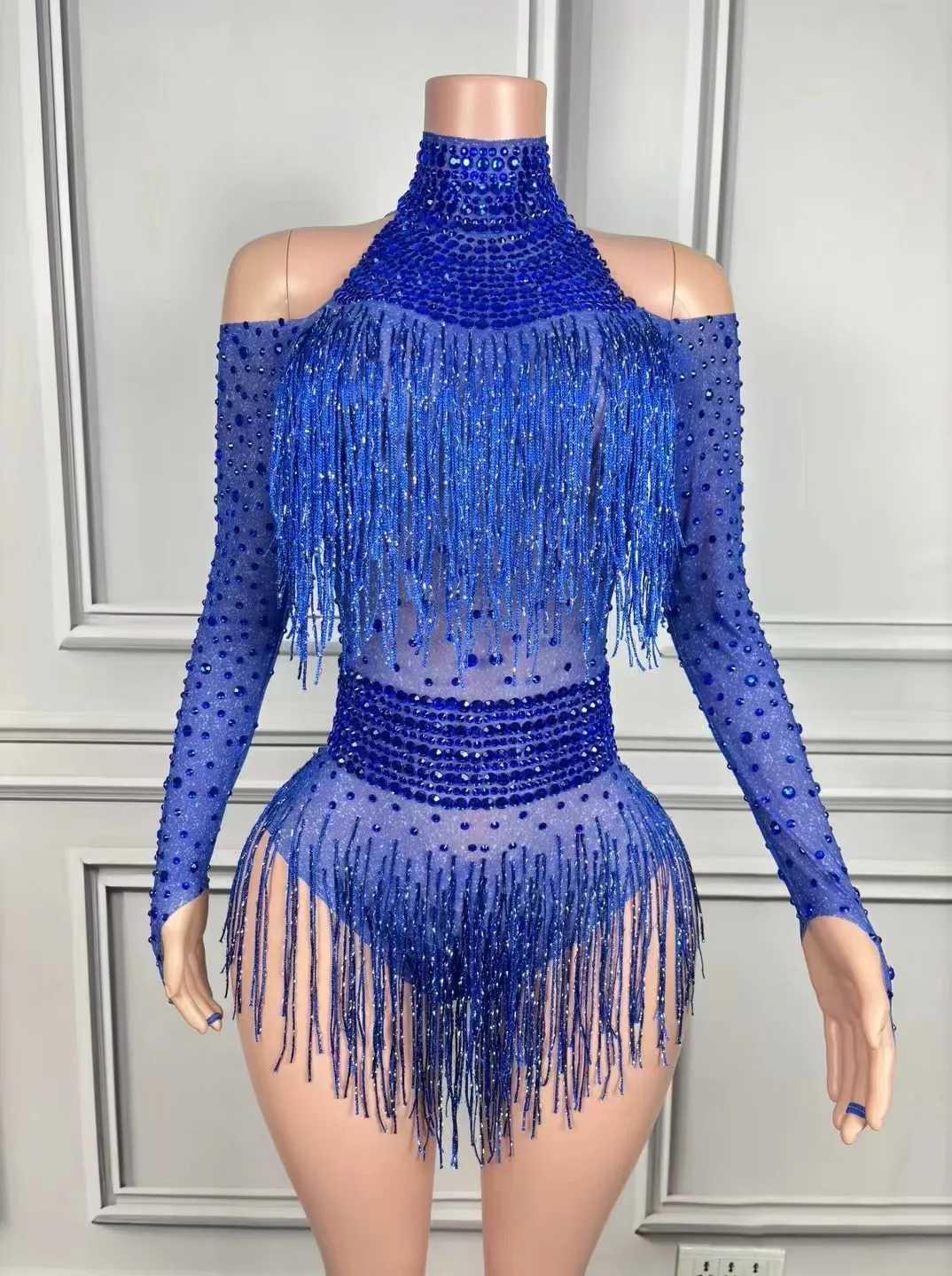 Costume da ballerino cantante Strass scintillanti Frange Body Body da ballo sexy Vestito da discoteca Spettacolo di spettacoli sul palco