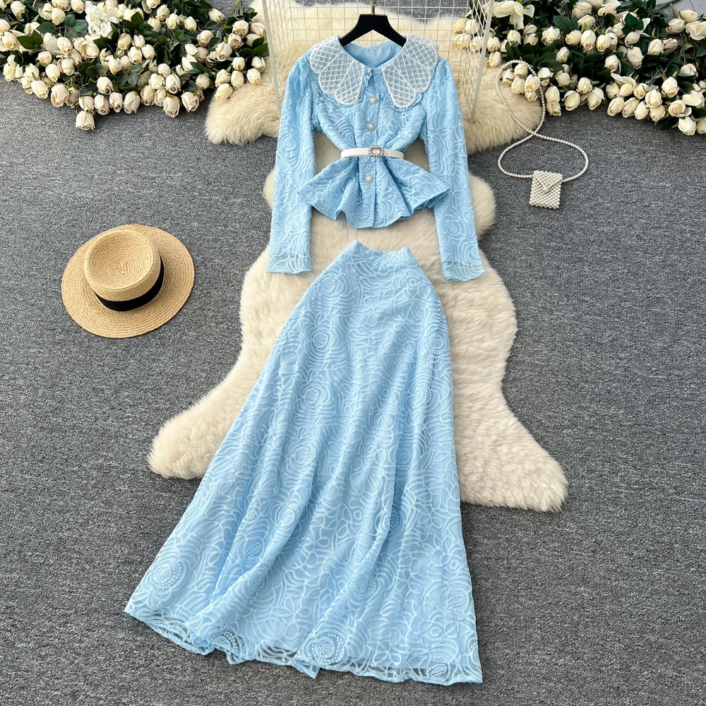 

Sexy Two Pieces Sets Chic Peter pan Collar Beading Top with Pleated High Waist A-line Skirt Vacation Sets