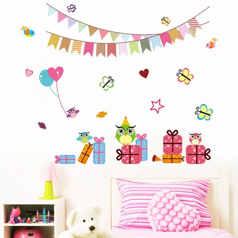 Cartoon Owlets Flags Balloon Pattern Wall Stickers Birthday Party Decoration Kids Room Home Decal Animal Diy Pvc Mural Art