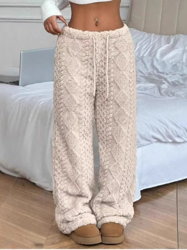 Women Classic Fuzzy Wide Leg Pants Cow Leopard Print Plush Trousers Fashionable Elastic Waist Loose Fluffy Casual Winter Bottoms