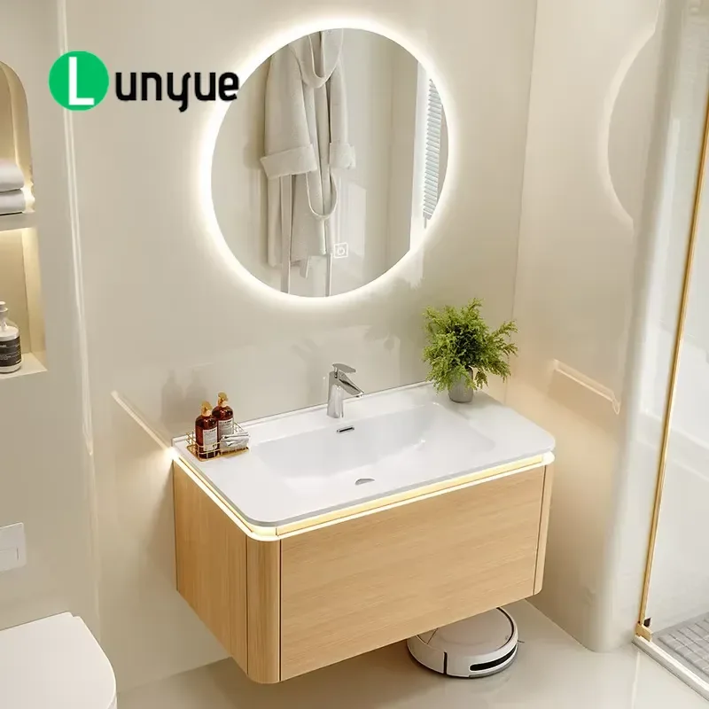 Japanese Classic Solid Wood Wall Mounted Bathroom Cabinet with LED Mirror Integrated Ceramic Basin Eco Friendly Nordic Smart