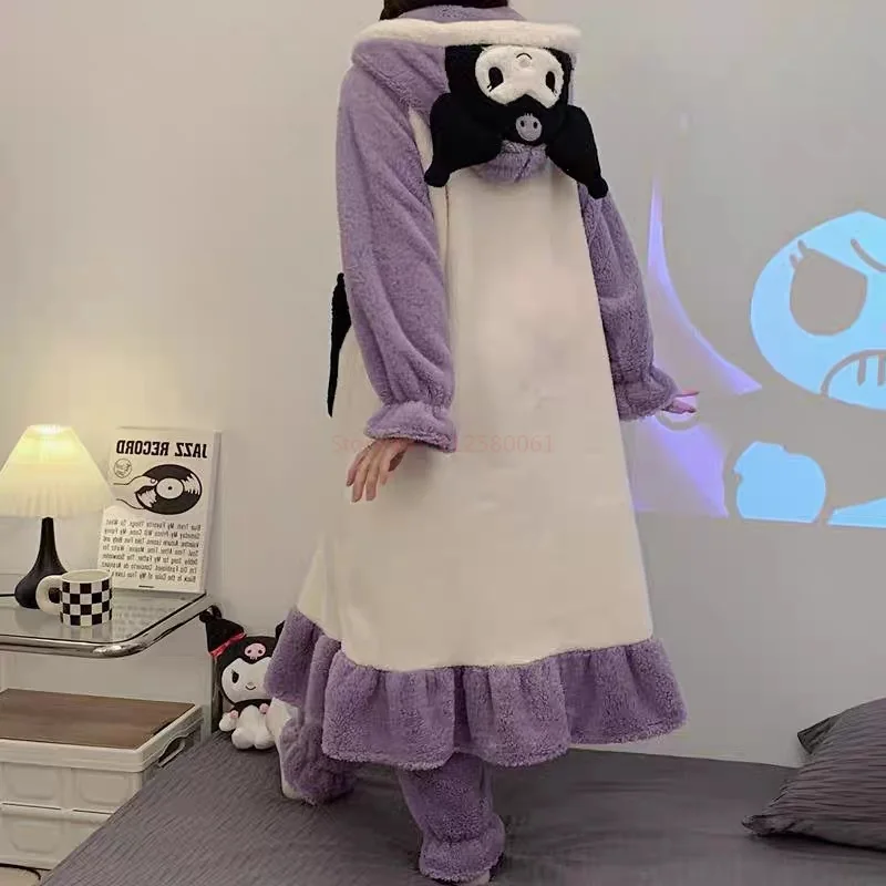 Sanrio Melody Kuromi Pajamas Y2k Plush Clothes 2 Piece Women Soft Flannel Pants Kawaii Home Black Coral Fleece Sleepwear Suit