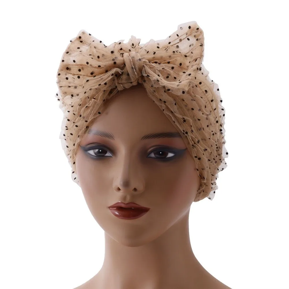 Elegant Breathable Fabric Polka Dot Mesh Bonnet Folded Design Turban Women Headscarf Hat Wrinkle Lace Chic Beanie Cap Daily Use