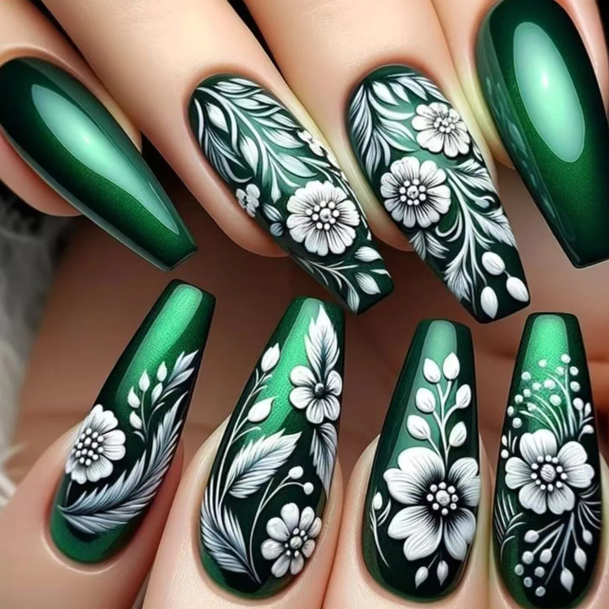 Mittellange künstliche Nägel für Frauen und Mädchen, glänzend grüne Katzenaugen mit weißen Blumen, Farbverlauf lila-rosa Blumen, Press-on-Nagelkunst