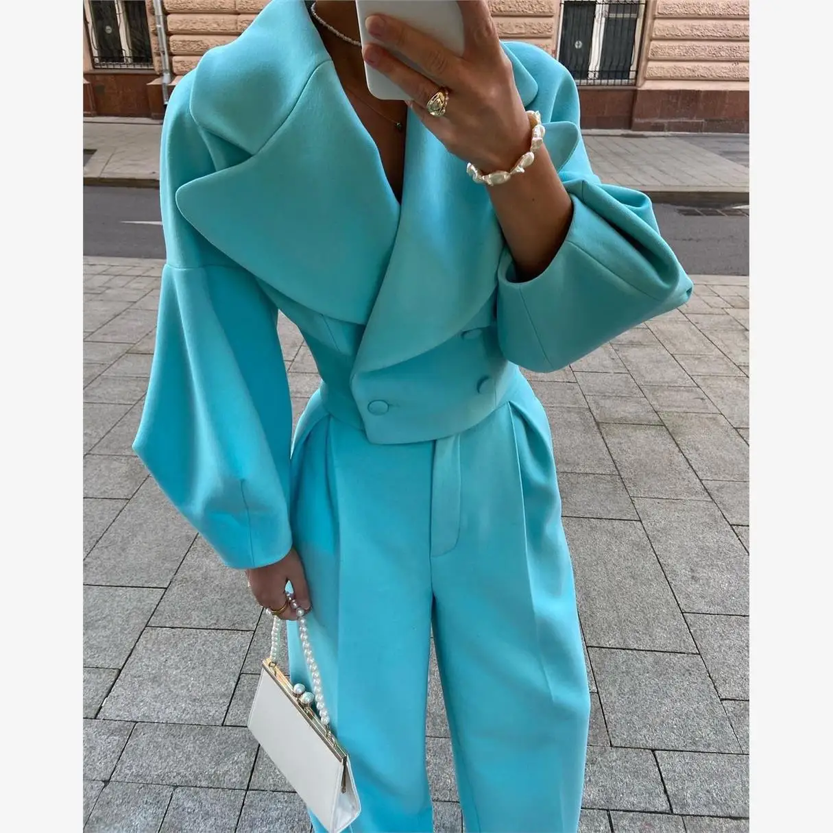 

Ele Women's Casual Suit Lantern Sve Floor-Length Straight Pants High Waist Design Faionable Ensemble for Young Women