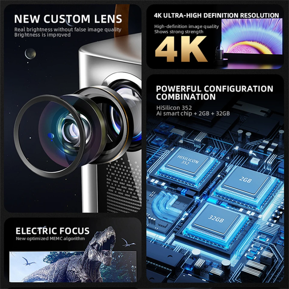 2025New HY6 Android 9.0 Projetor 4K Projetor de foco de elétrons Wifi6 BT5.0 Projetor LED 4K Full HD Projetor de home theater