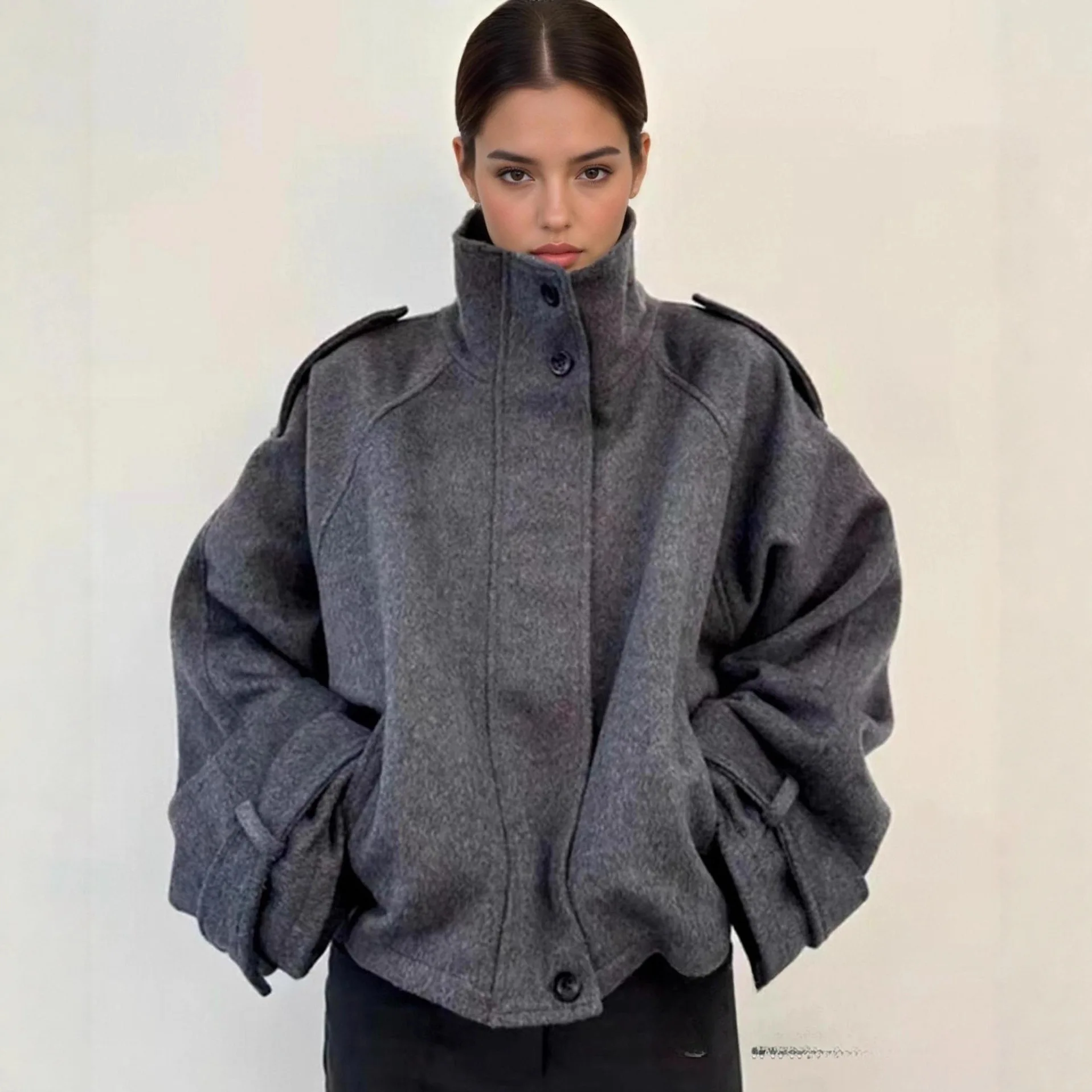 

Autumn/winter Standing Collar Breasted Short Zipper Woolen Jacket Women Loose Long Sleeve Coat Single Breasted Jackets Outwear