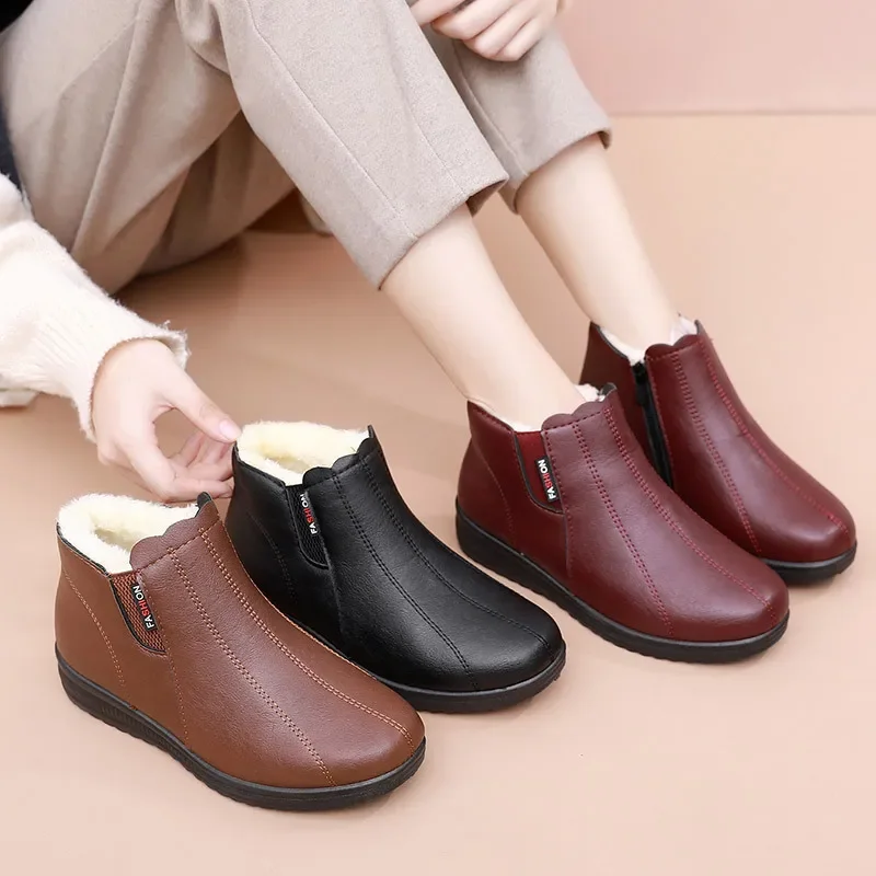 Women Snow Boots Waterproof Warm Fur Solid Color Ankle Boots Solid Color Non-Slip Flats Fashion Shoes for Women Zapatos De Mujer