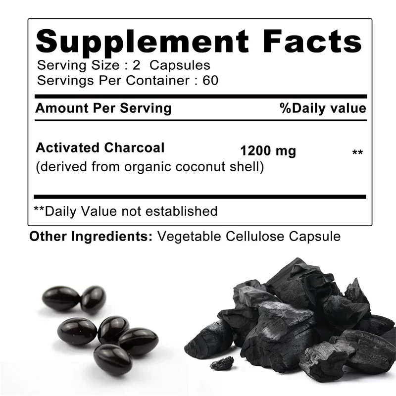Activated Charcoal Capsules 1200 Mg - Supports Intestinal Health, Digestive Health, Relieves Bloating, and Improves Immunity