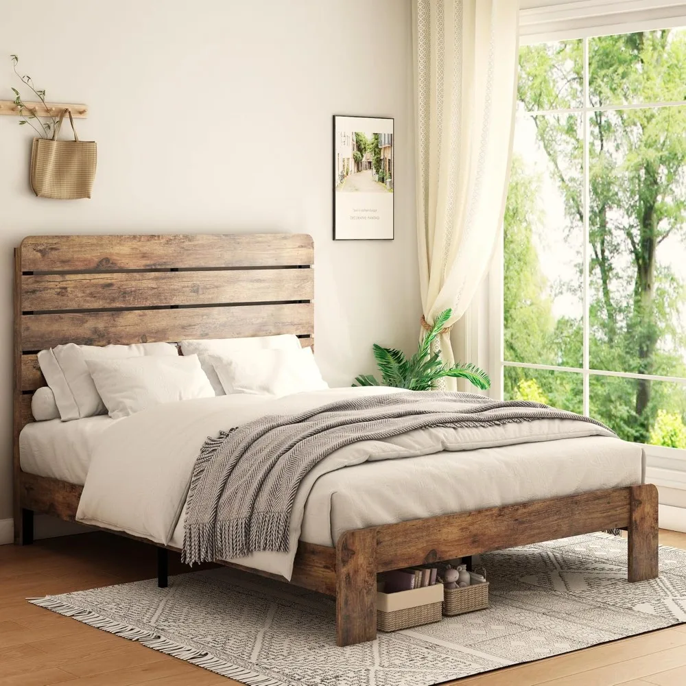 

Queen Size Bed Frame with Wooden Headboard and Footboard, Rustic Platform Bedframe, Wood Slats Support, Customized