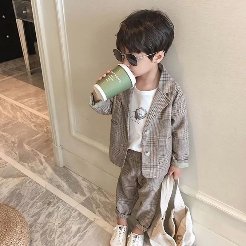 MILANCEL New Spring Kids Plaid Suit 1-7T Checkered Loose Girls Formal Set Korean Version Thin Children Boys Clothes 2PCS