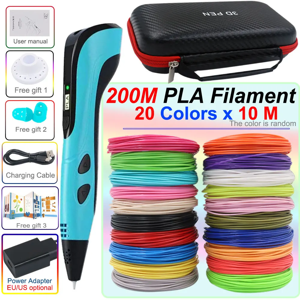 New Creative 3D Children's Printing Pen With LED Display Power Adapter PLA Filament Travel Box Kisd Birthday Christmas DIY Gift