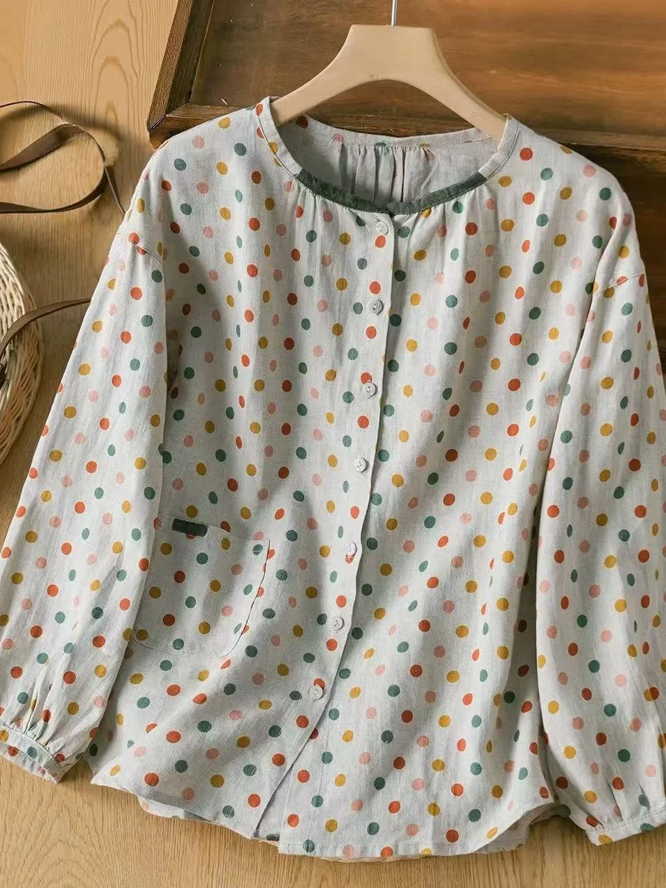 

Loose Cotton Linen irt Women's Spring Autumn Versatile Artistic Retro Polka Dot Top Breathable Comfortable Casual