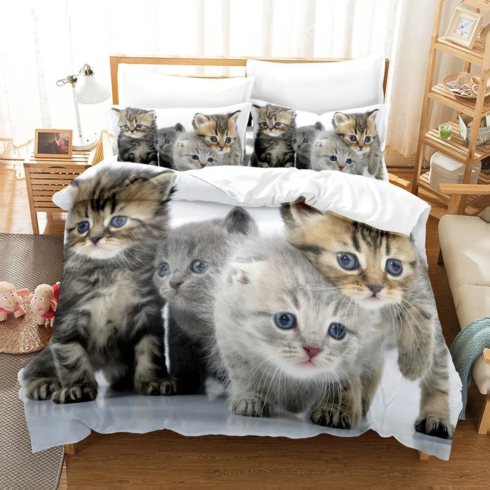 Imagem -04 - Cute Cat Animal Linen Bedding Conjunto para Crianças Capa de Edredão Rainha e Rei Full Size Lugares 200x200 240x220 160x200 Pcs