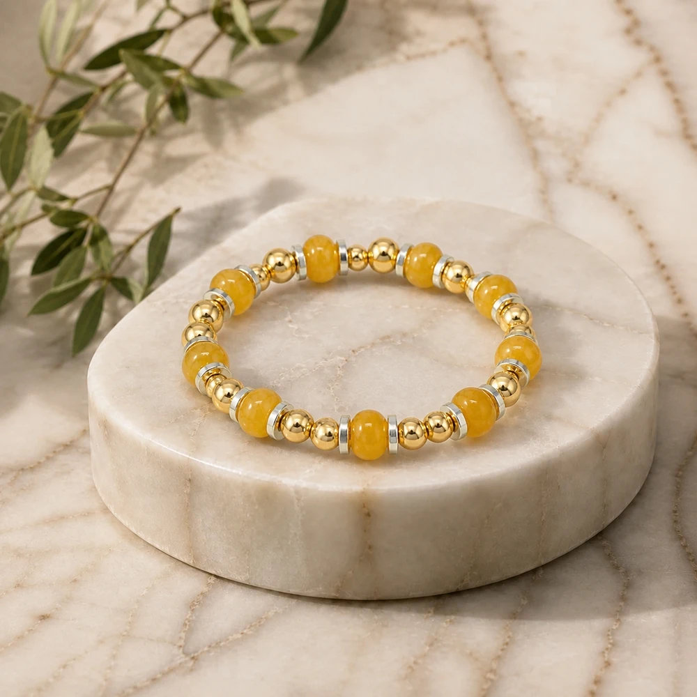 1pc Women's Trendy Beaded Strand Bracelet Yellow Resin Barrel Beads Gold Tone Copper Alloy Ball Beads Silver Tone Spacers