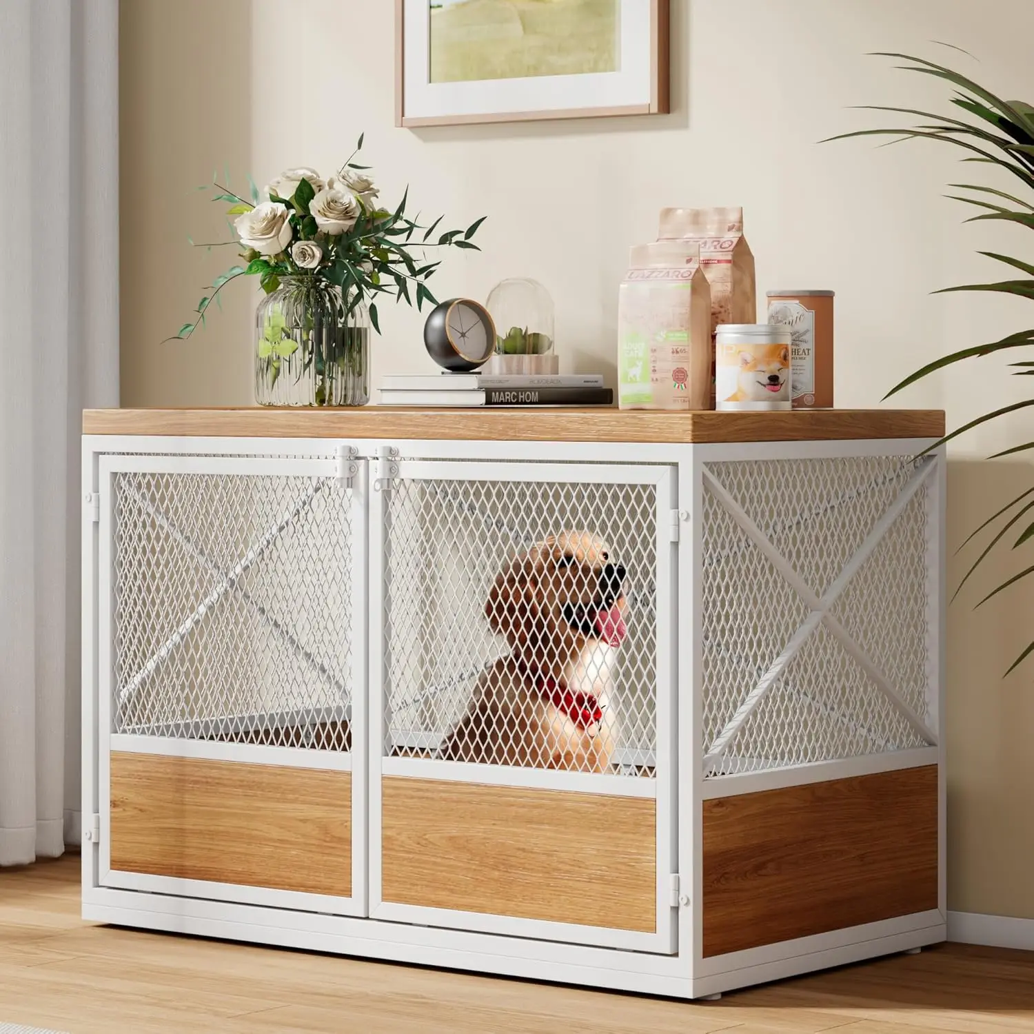 

Heavy Duty Large Dog Crate Furniture, 38 Inch Wooden Dog Crate with Double Doors, Indoor Dog Kennel Furniture, Decorative Pet