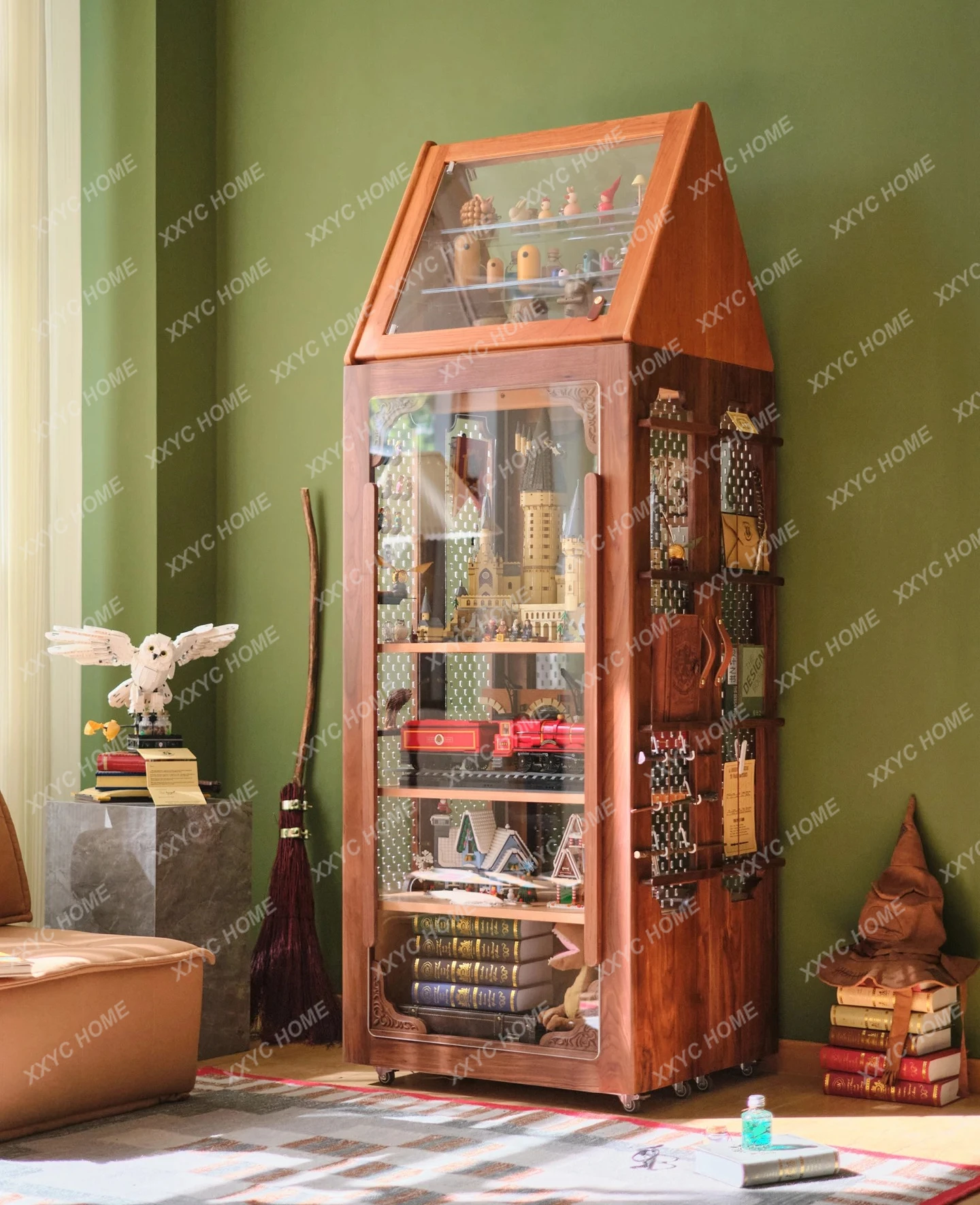 

360 degree movable bookcase with wheels, retro storage display cabinet, creative art, high sense