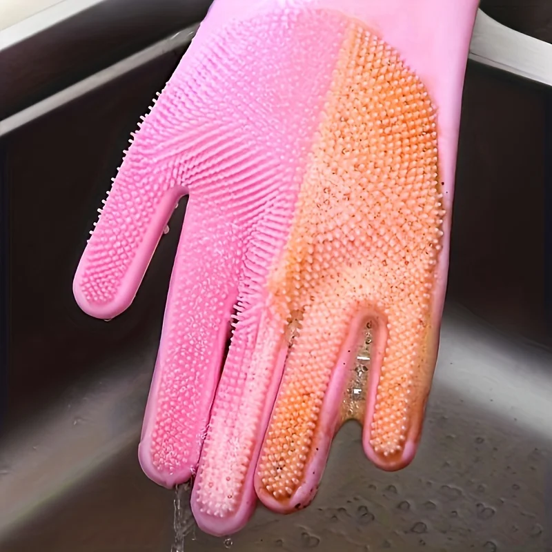 1Pair Kitchen Dishwashing Gloves, Silicone Household Waterproof Dishwashing Gloves Kitchen Washing Cleaning Tools