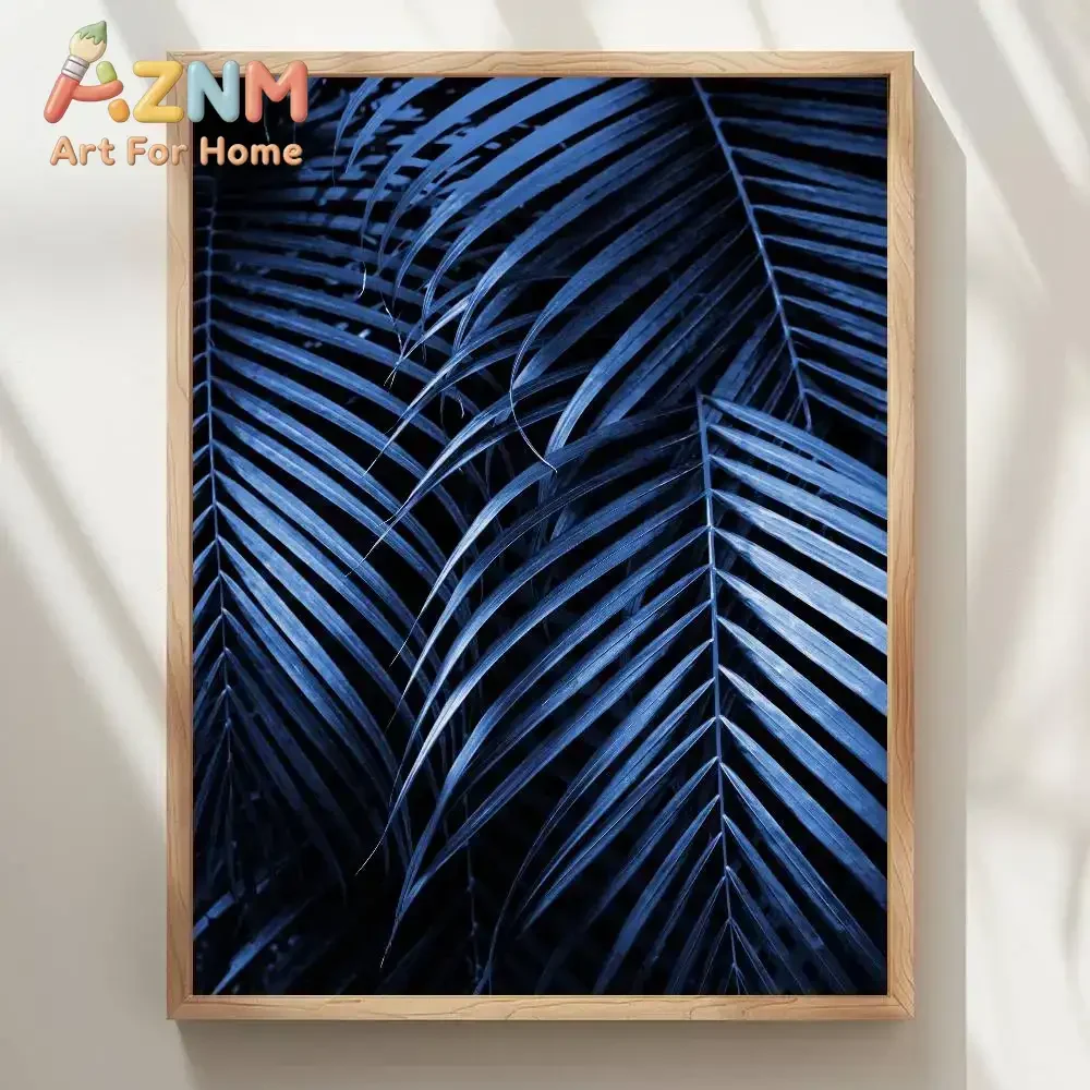AZNM Dark Blue Palm Leaves Canvas Painting Frameless Wall Art Tropical Foliage Photography Poster Modern Living Room Home Decor