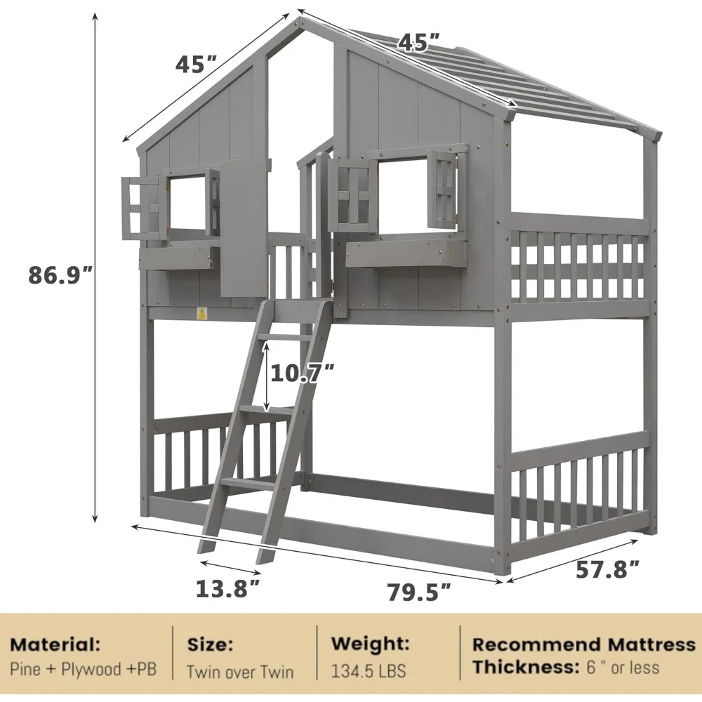 House Bunk Bed Twin Over Twin Wood Bunk Beds , Windows, Window Box and Small Door, Floor Bunk Beds with Ladder and Guard Rails image 2