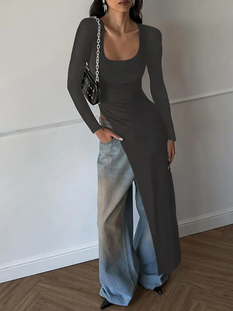 이국적인 미국 스트리트 스타일 쿨하고 매력적인 여성용 U넥 비대칭 밑단 슬림핏 미디 티셔츠 폴리에스터 긴팔